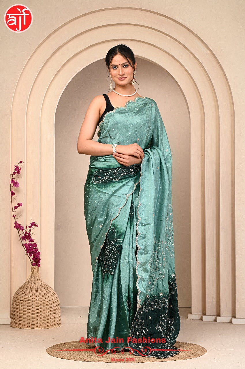 Sea Green HO Silk Saree with Cut Work and Bandhani Design, Includes Blouse Piece