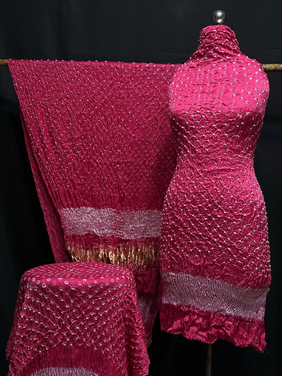 "Fuchsia Pink Modaal Gajji Silk 3-piece suit set with white Bandhani and Lagdi Patta dupatta – Anita Jain Fashions""Fuchsia Pink Modaal Gajji Silk 3-piece suit set with white Bandhani and Lagdi Patta dupatta – Anita Jain Fashions"