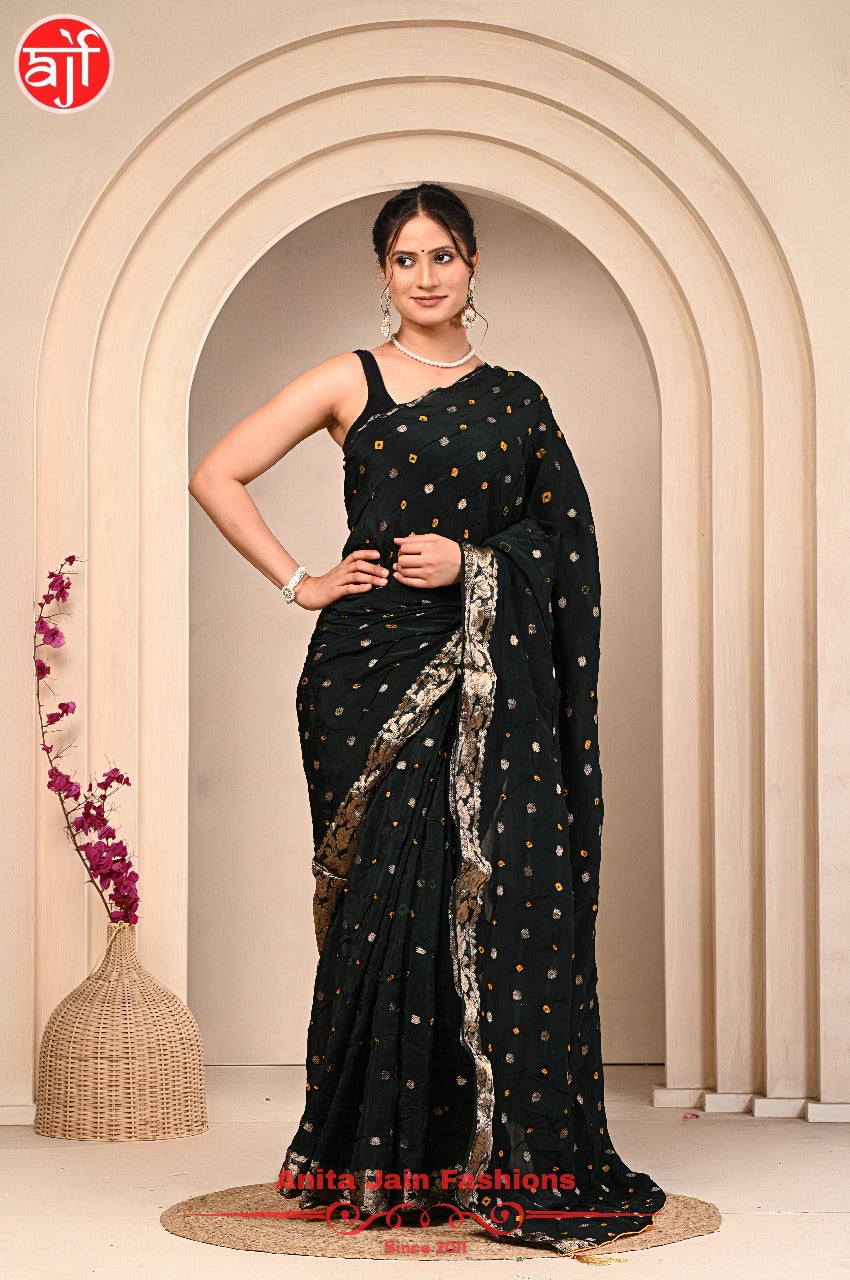 Black HO Silk Saree with Bandhani Design and Zari Weaving, Includes Blouse Piece