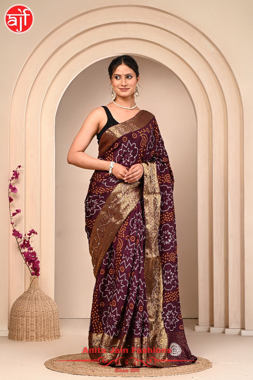 Wine HO Silk Saree with Zari Weaving and Bandhani Design, Includes Blouse Piece