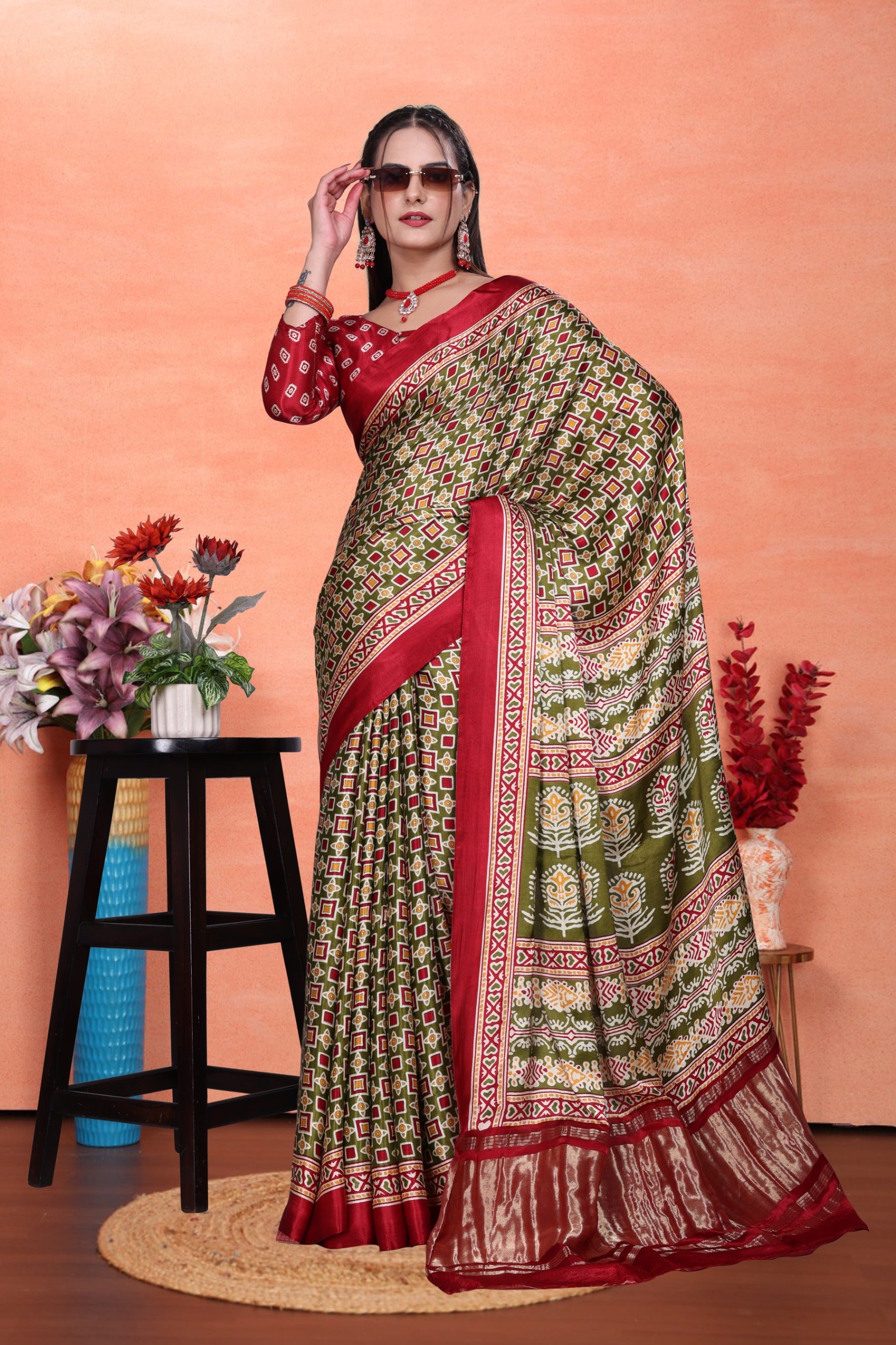 Red Green Gaji Silk Saree with Ajrakh Print and Contrast Border, Includes Blouse Piece
