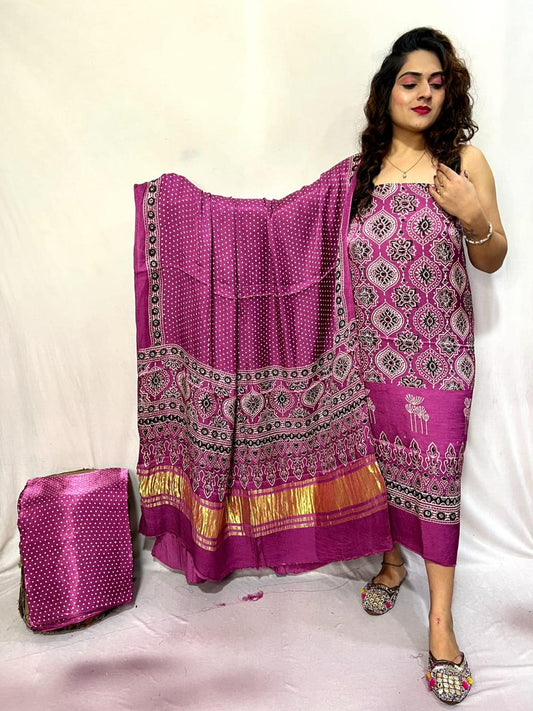 “Magenta Modaal Gajji Silk Suit Set with hand Bandhani and golden Lagdi Patta Dupatta – Anita Jain Fashions”