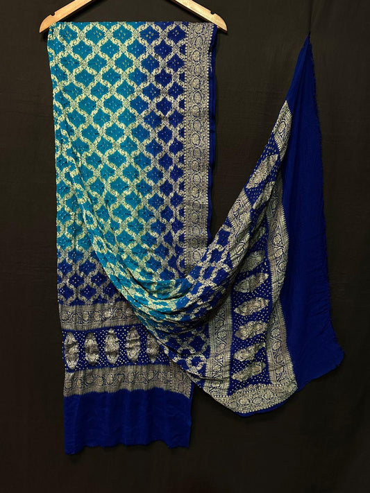 “Blue Ombre Modaal Gajji Silk Suit with Bandhani & Lagdi Patta Dupatta – Anita Jain Fashions”