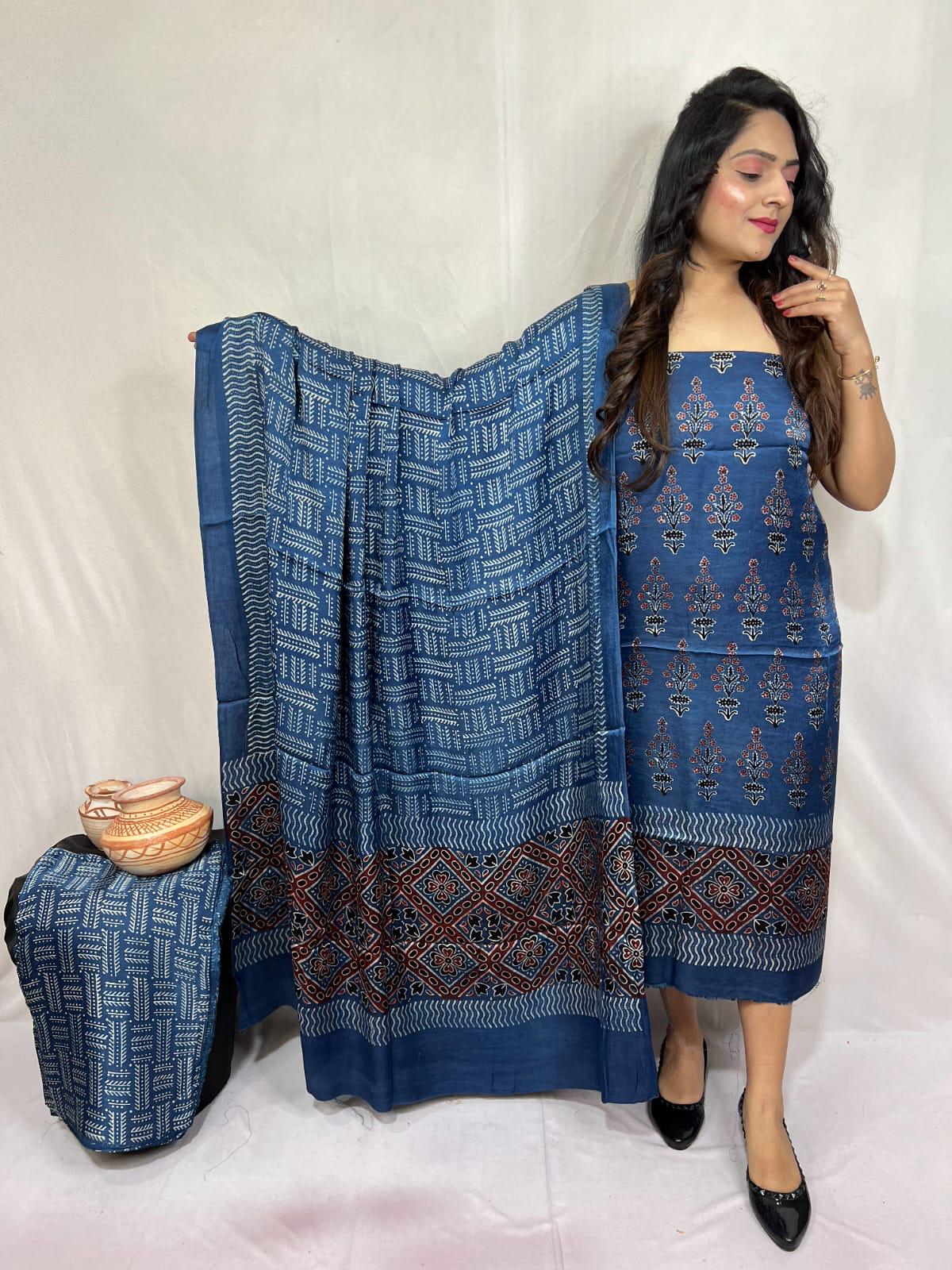 Denim Blue Modal Gajji Silk Bandhani Suit Set – Lagdi Patta with Ajrakh Border Dupatta