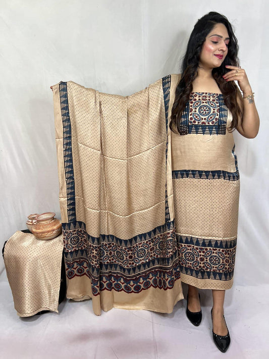 Beige Modal Gajji Silk Bandhani Suit Set – Lagdi Patta with Indigo Border Dupatta