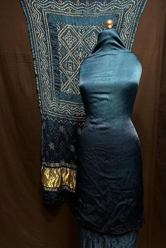 Midnight Blue Modaal Gajji Hand Bandhani Suit Set with Lagdi Patta Dupatta