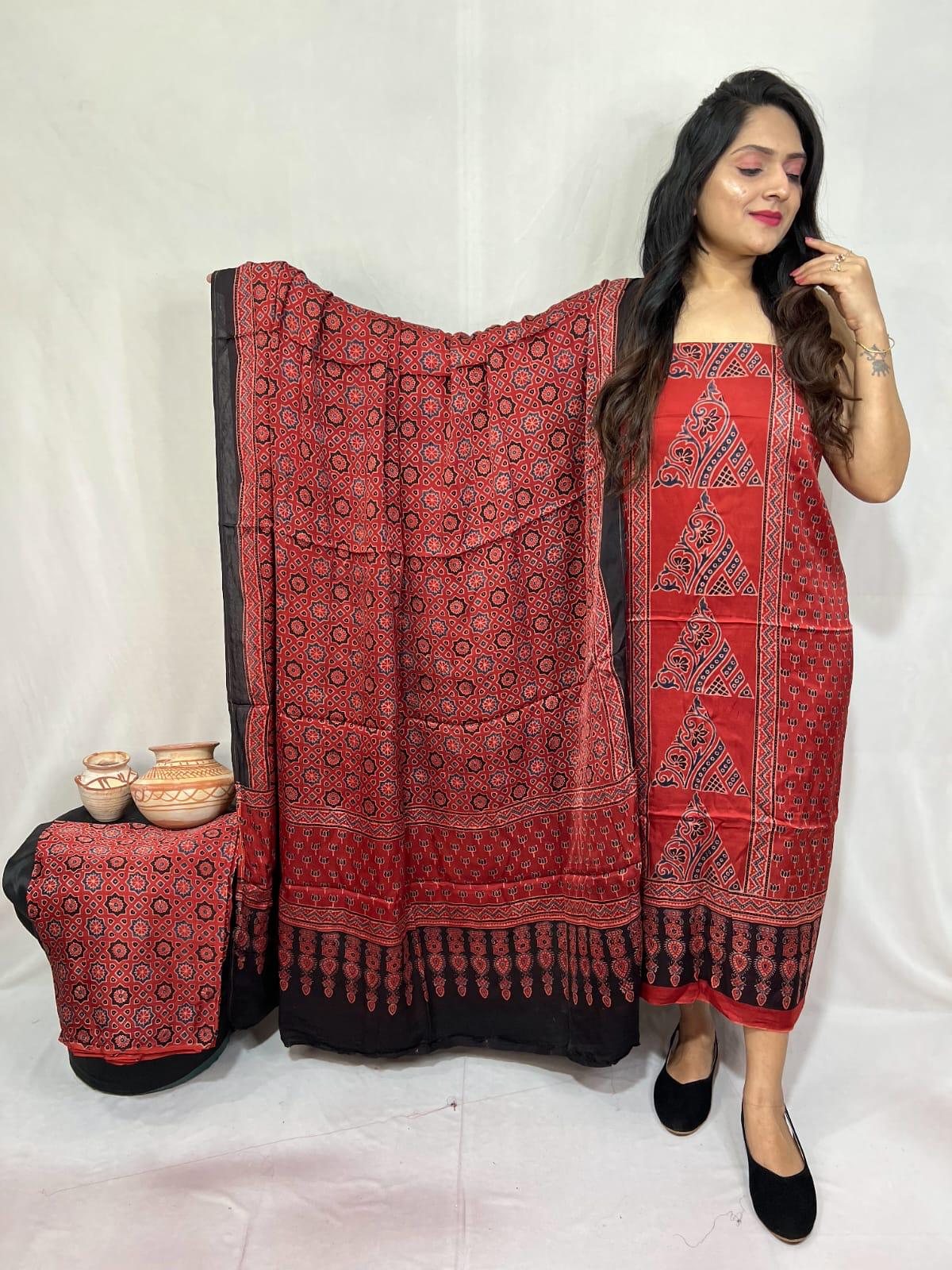 "Rust Red Modal Gajji Silk Suit Set with Triangle Bandhani Print and Dupatta"