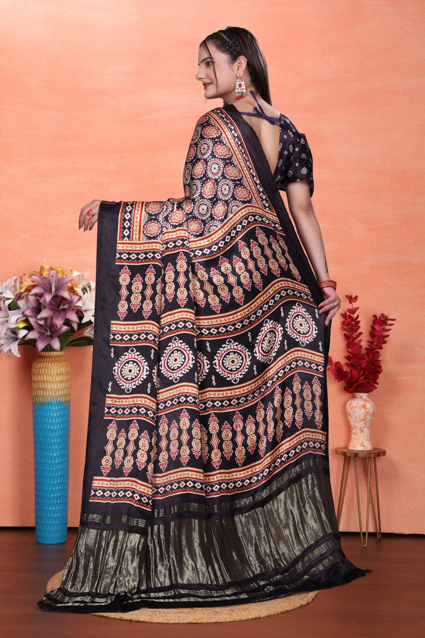 Black Gaji Silk Saree with Ajrakh Print and Contrast Border, Includes Blouse Piece