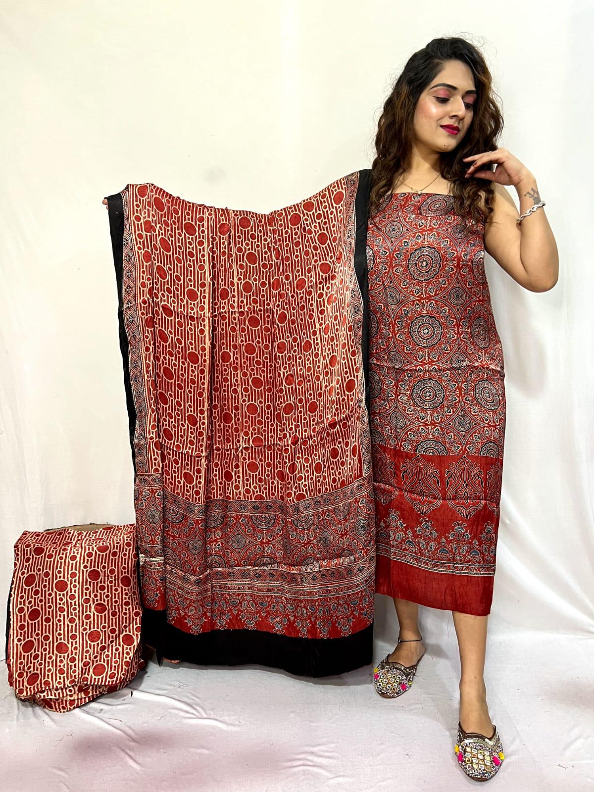 Pure Modal Silk Ajrakh hand Block Print With natural dying
