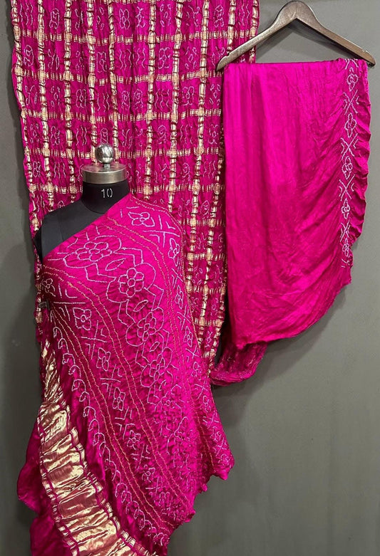 “Hot Pink Modaal Gajji Silk Bandhani Suit with Golden Lagdi Patta Dupatta – Anita Jain Fashions”