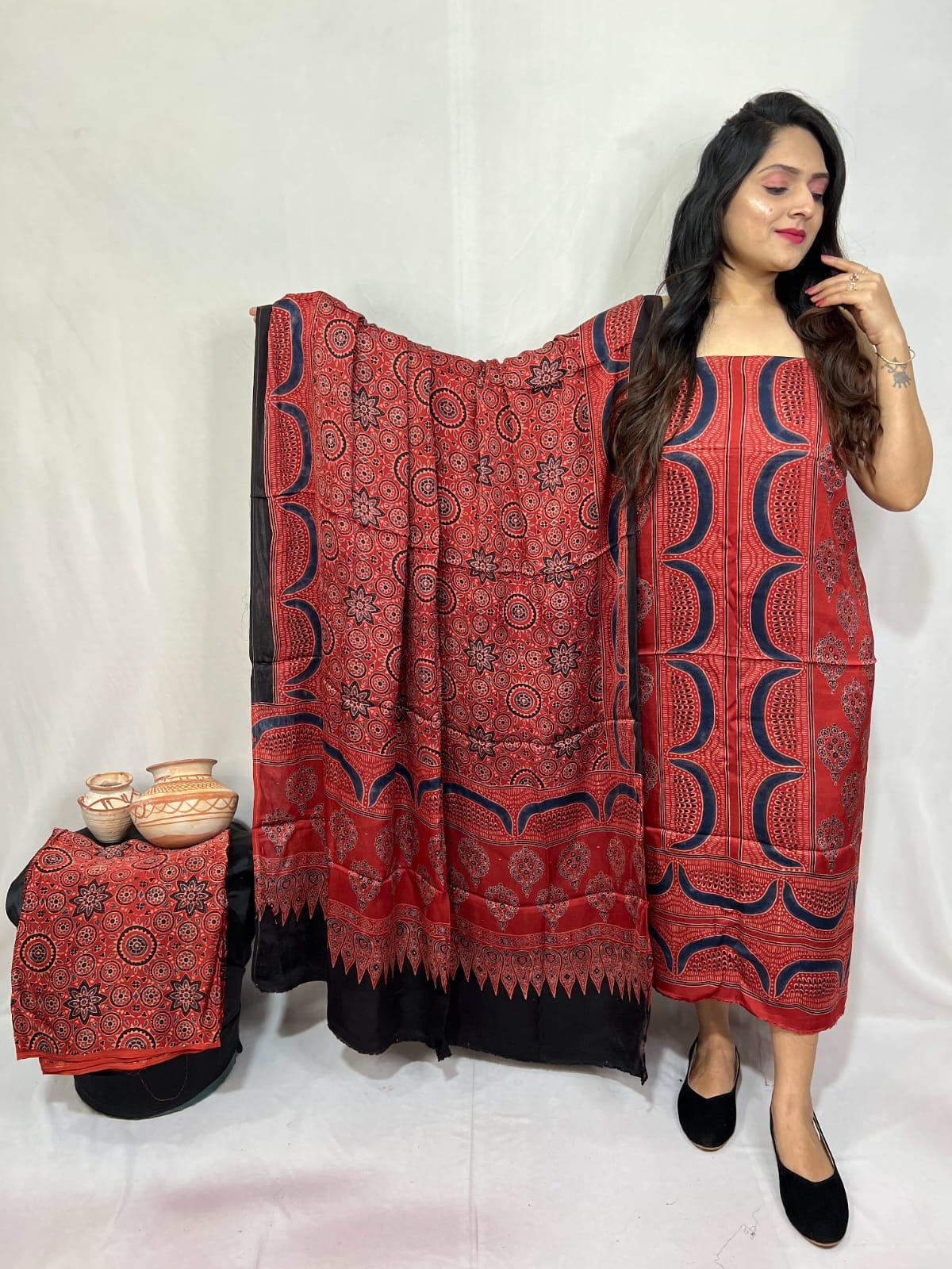 Rust Red Modal Gajji Silk Bandhani Suit Set – Lagdi Patta with Ajrakh Floral Dupatta