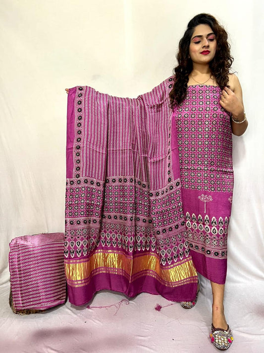 “Magenta Pink Modaal Gajji Bandhani Suit with Lagdi Patta Dupatta – Anita Jain Fashions”