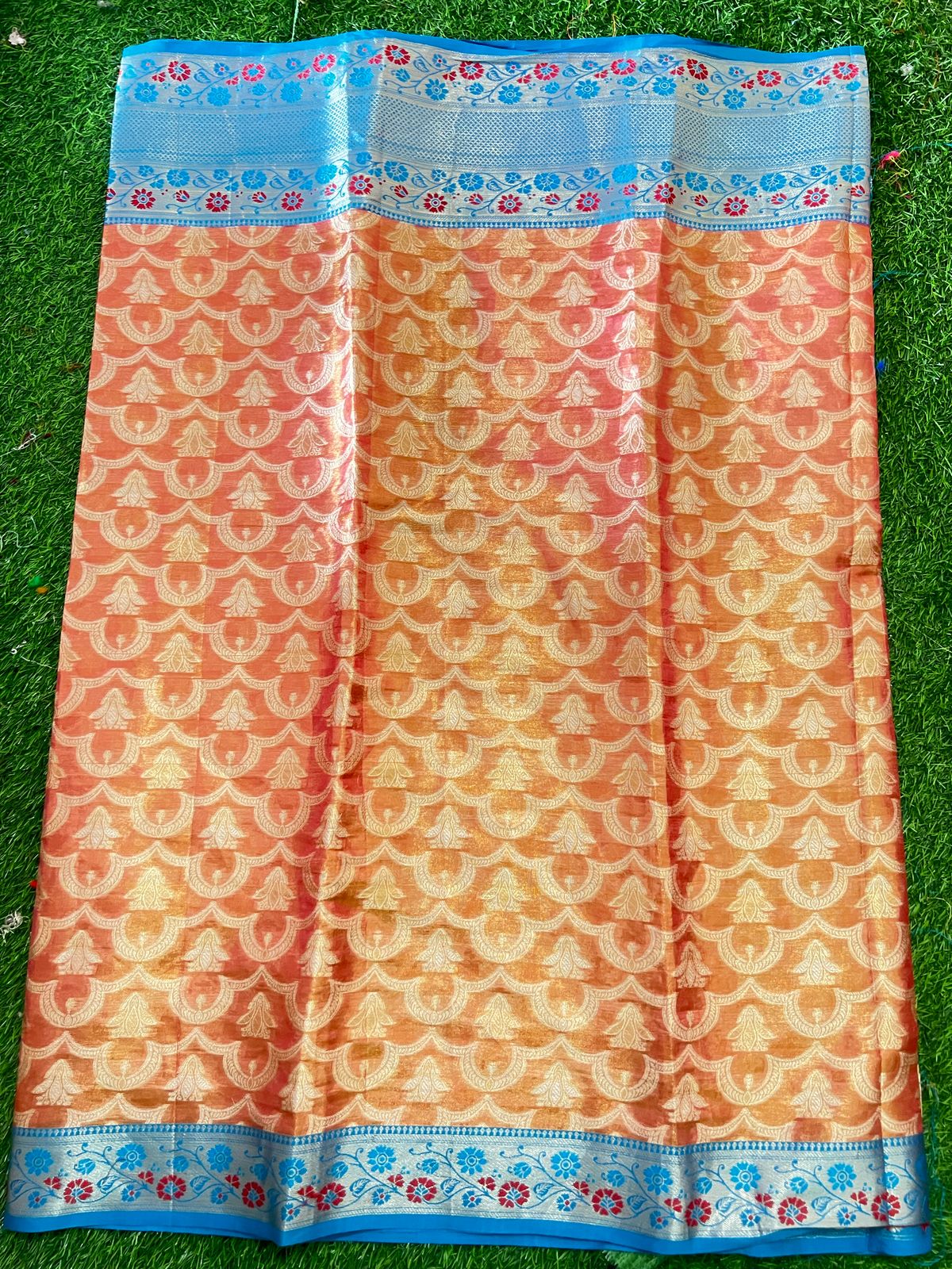 Peach & Blue Or Ganja Banarasi Silk Saree with Floral Zari Design