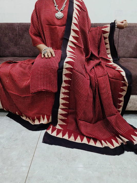 Maroon Modal Gajji Silk Bandhani Suit Set – Chevron Dupatta & Lagdi Patta Style