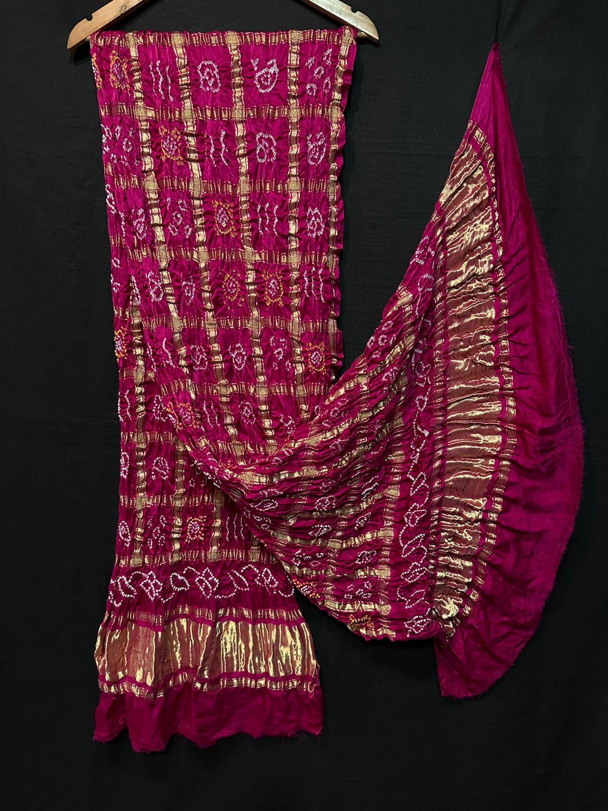 "Magenta Bandhani suit set with golden zari dupatta and box motif design in pure Modaal Gajji Silk – Anita Jain Fashions"