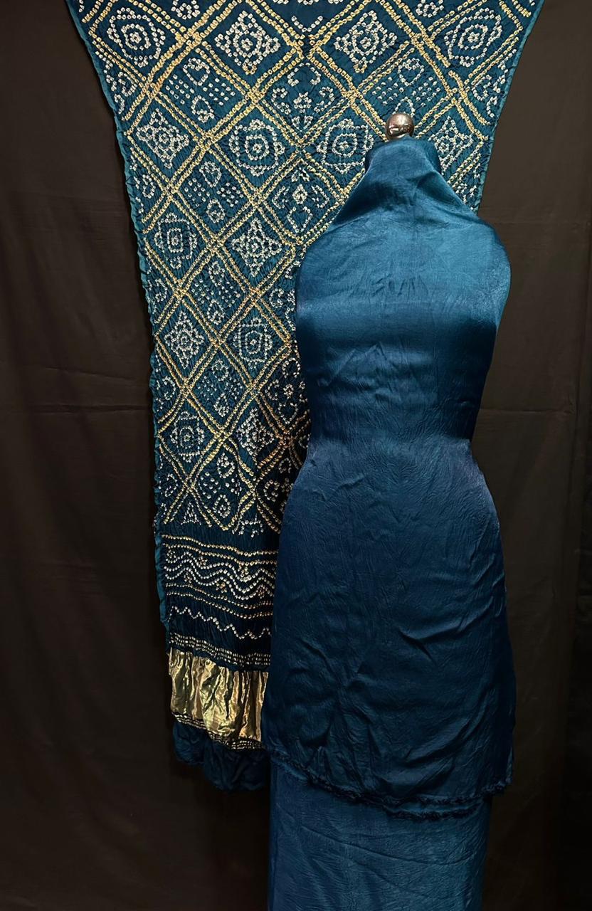 Teal Blue Modaal Gajji Silk 3-piece suit set with handcrafted Bandhani and Lagdi Patta dupatta – Anita Jain Fashions"