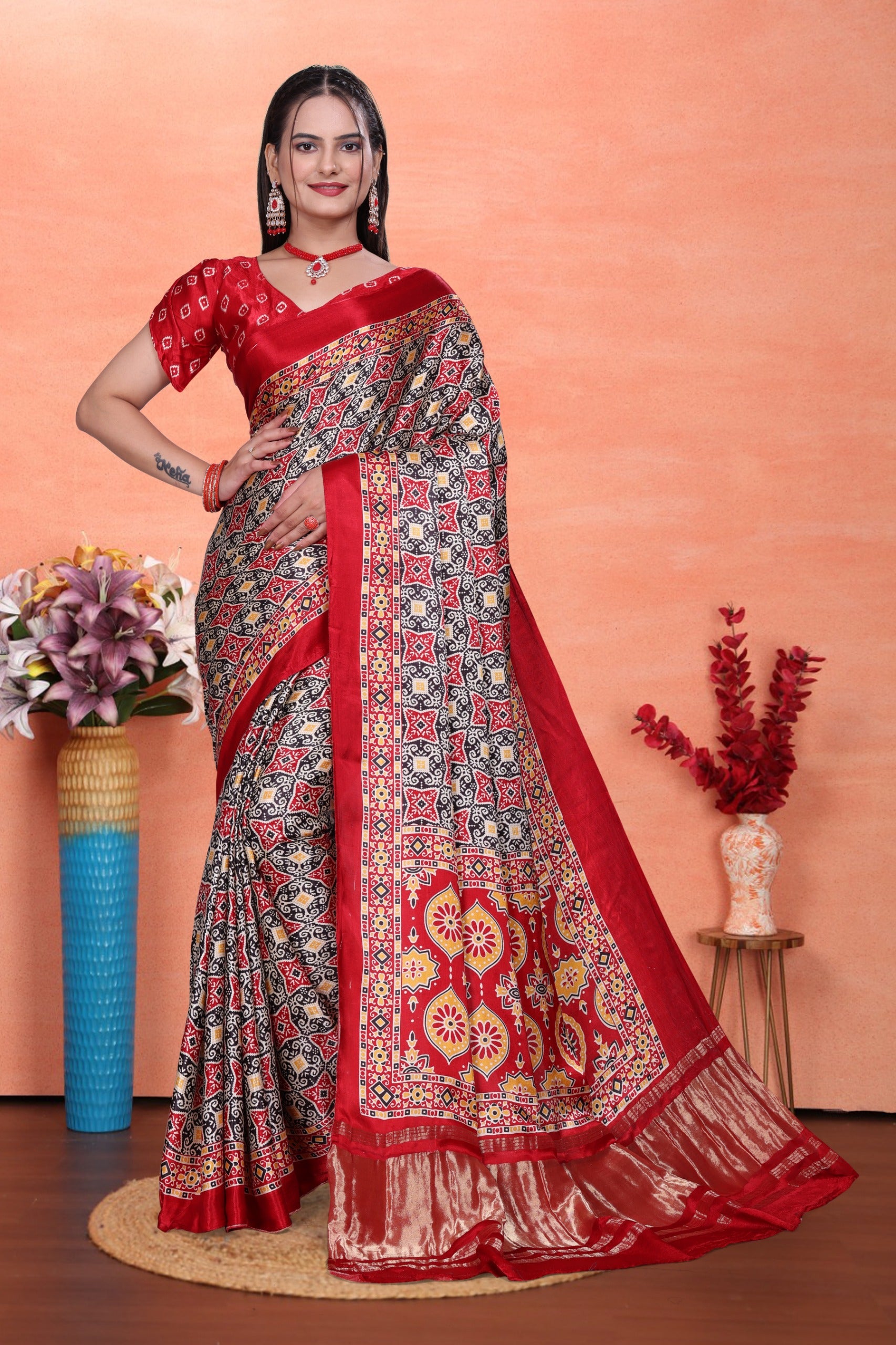 Red Black Gaji Silk Saree with Ajrakh Print and Contrast Border, Includes Blouse Piece
