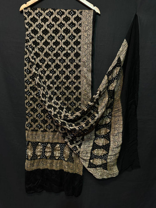 “Black Modaal Gajji Silk Suit Set with Bandhani and Golden Lagdi Patta Dupatta – Anita Jain Fashions”