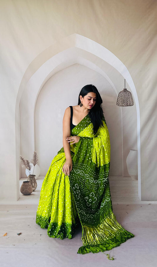 Light Dark Green Modal Gajji Silk Saree with Hand Bandhani Design and Matching Blouse Piece