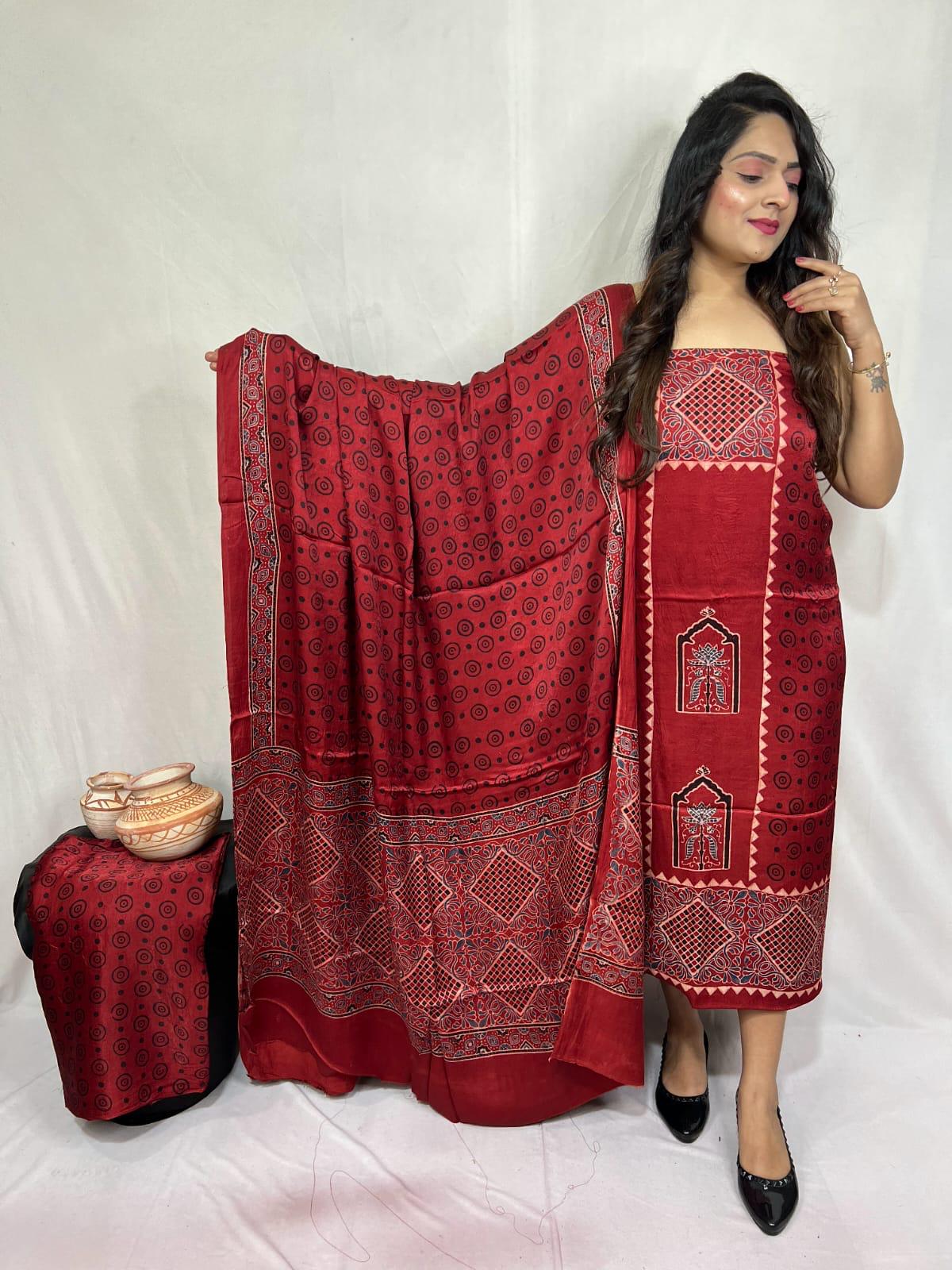 Red Modal Gajji Silk Bandhani Suit Set – Lagdi Patta with Temple Panel Motifs