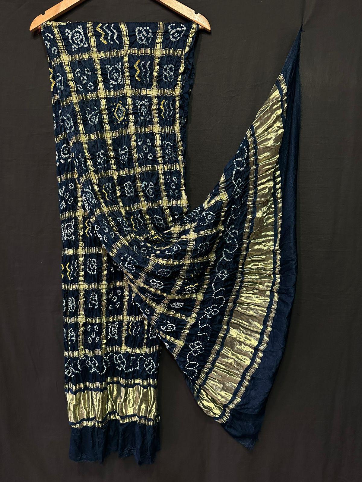"Navy blue Bandhani suit set with box pattern and golden zari striped dupatta in Modaal Gajji Silk – Anita Jain Fashions""Navy blue Bandhani suit set with box pattern and golden zari striped dupatta in Modaal Gajji Silk – Anita Jain Fashions"