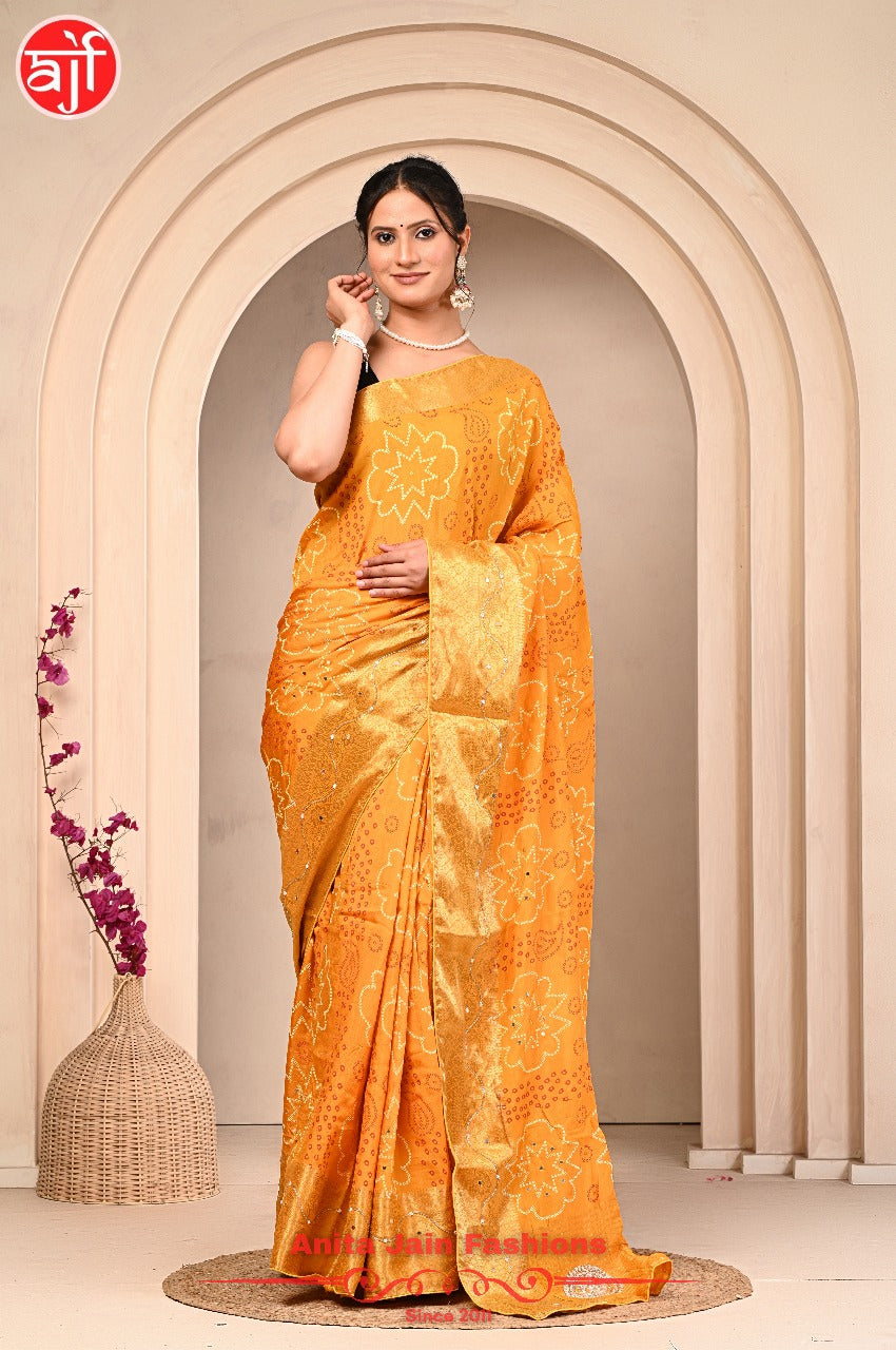 Yellow HO Silk Saree with Zari Weaving and Bandhani Design, Includes Blouse Piece