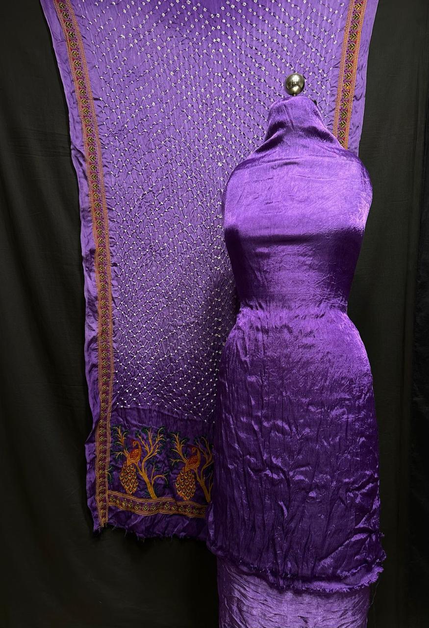 "Royal Purple Modaal Gajji Silk 3-piece suit set with embroidered Bandhani dupatta – Anita Jain Fashions"