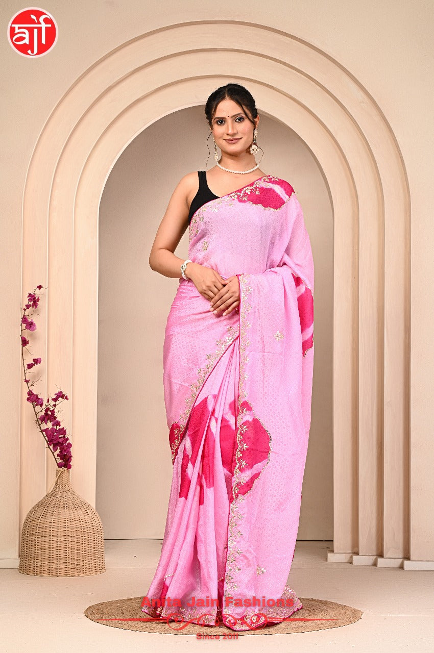 HO Silk Jacquard Saree in Beby Pink with Gota Patti Design and Matching Blouse Piece
