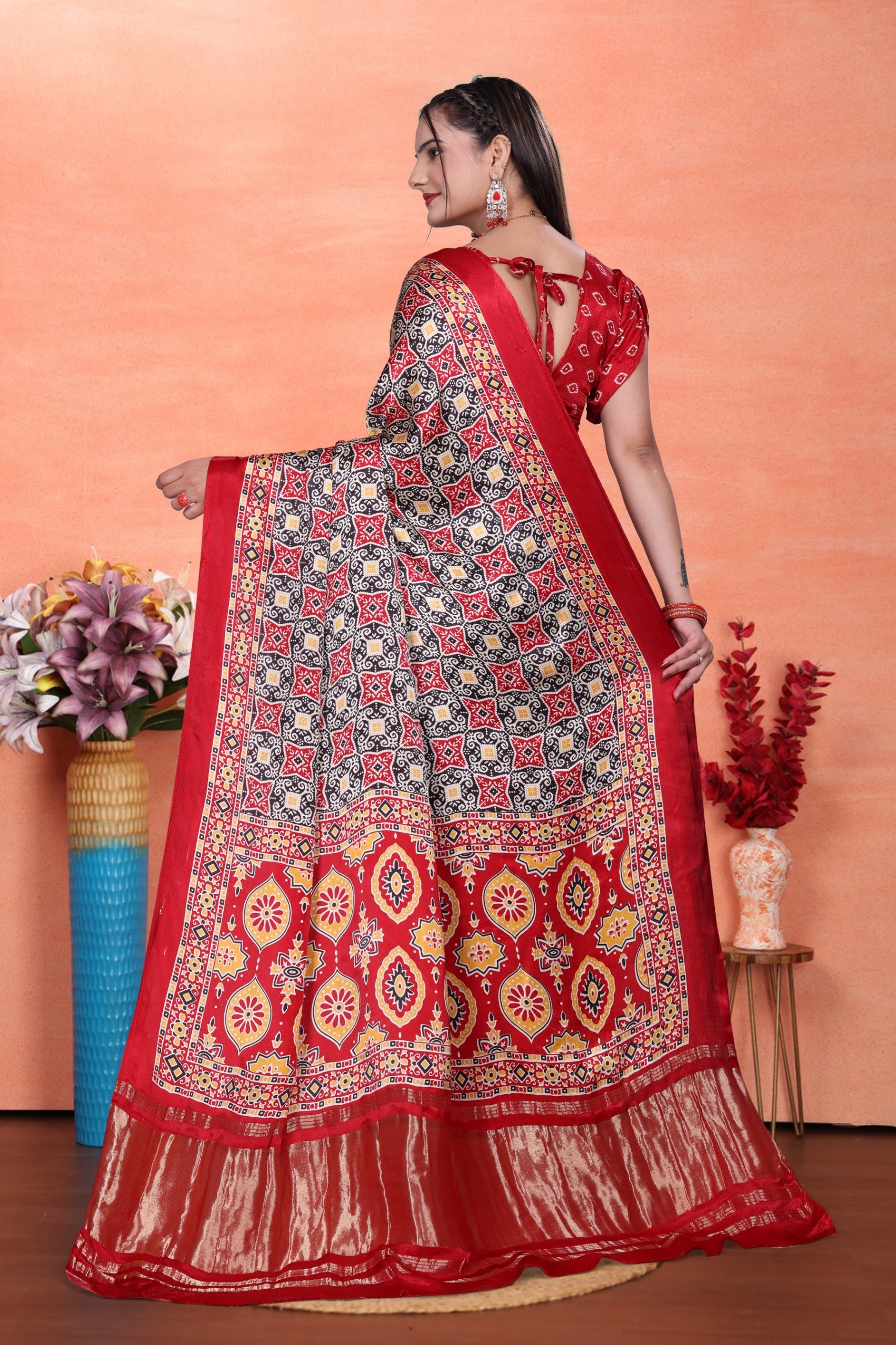 Red Black Gaji Silk Saree with Ajrakh Print and Contrast Border, Includes Blouse Piece