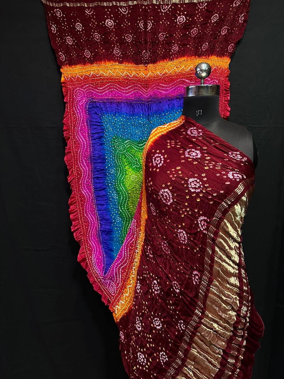 Mehroon Multi Colour Pure Gajji Silk Saree with Hand Bandhani Design and Contrast Pallu