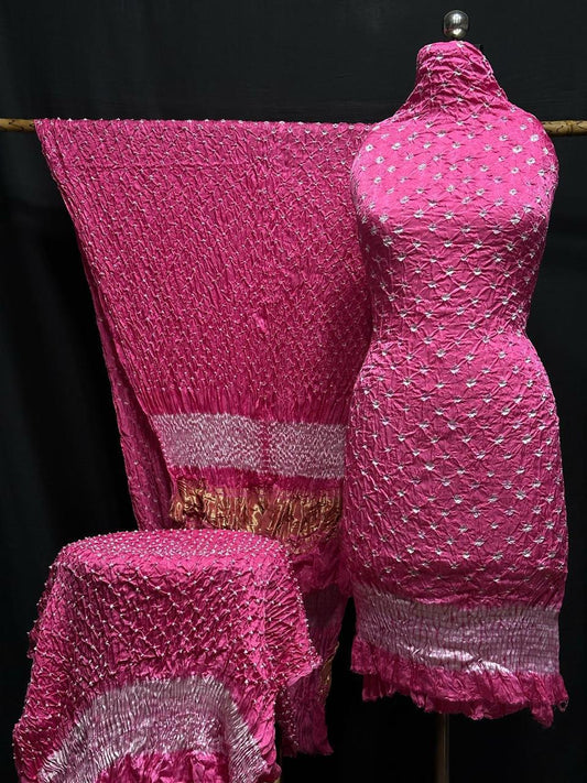 "Hot Pink Modaal Gajji Silk 3-piece suit set with hand Bandhani and Lagdi Patta dupatta – Anita Jain Fashions"