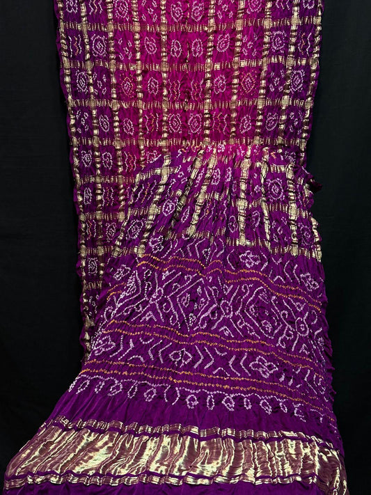 “Pink and Purple Bandhani Suit Set in Modaal Gajji Silk with golden Lagdi Patta Dupatta – Anita Jain Fashions”