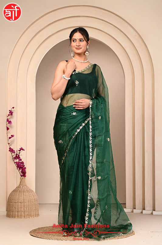 Green Tissue Organza Saree with Cut Work and Gota Patti Border