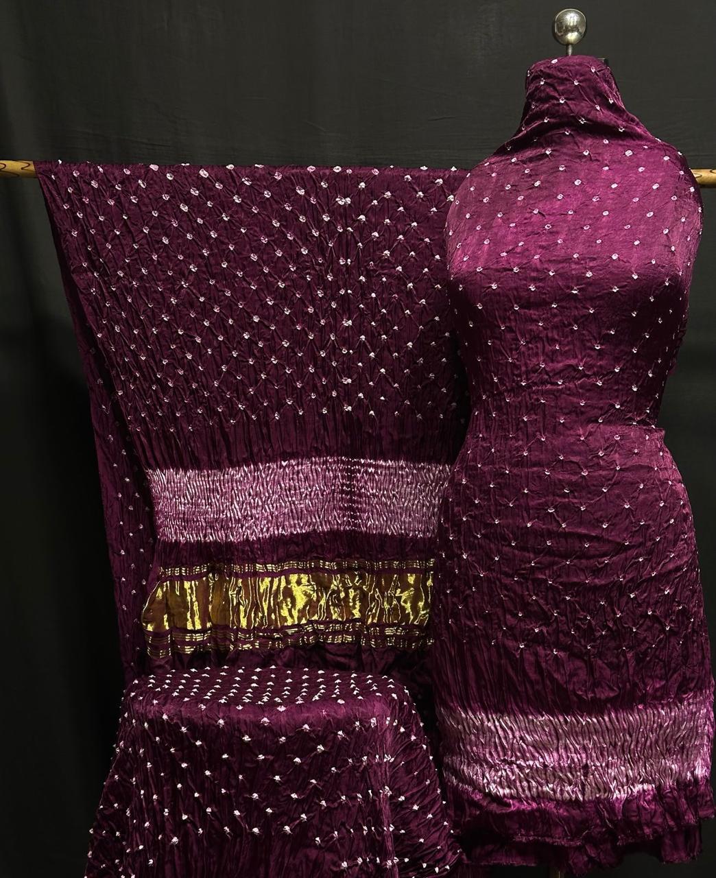 "Plum Wine Modaal Gajji Silk 3-piece suit set with hand Bandhani and Lagdi Patta dupatta – Anita Jain Fashions"