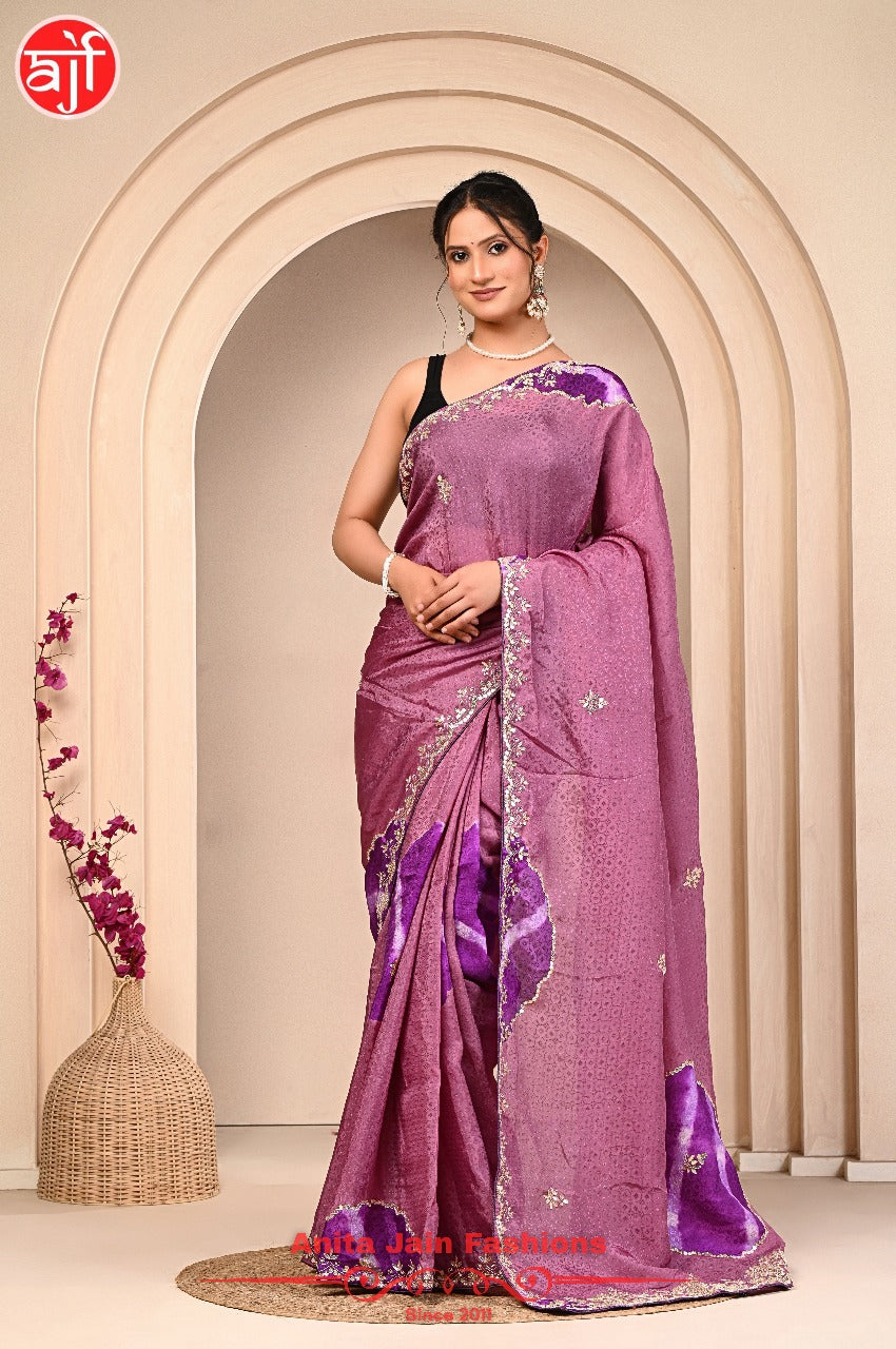 HO Silk Jacquard Saree in Lavender Purple with Gota Patti Work and Contrast Border