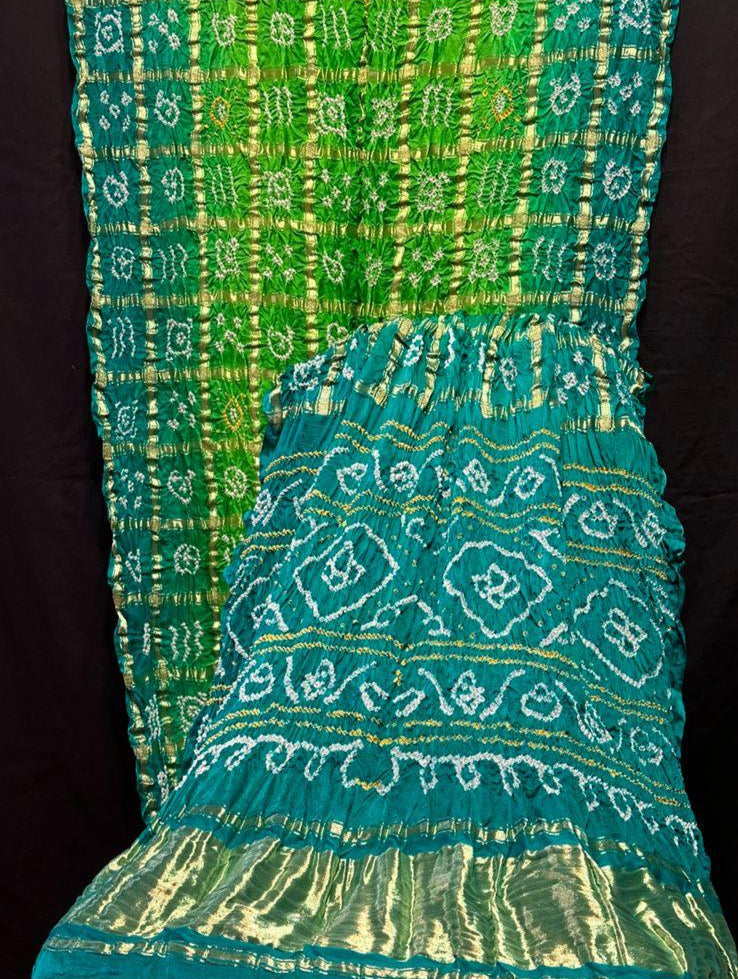 “Green and Aqua Bandhani Suit in Modaal Gajji Silk with golden Lagdi Patta dupatta – Anita Jain Fashions”