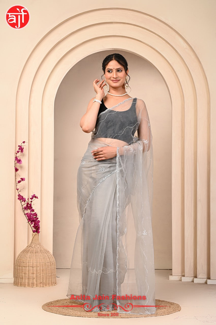 Light Grey Tissue Organza Saree with Cut Dana and Calcutta Work, Includes Blouse Piece
