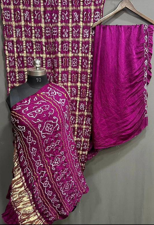 wine Pure Gajji Silk Ghatchola Bandhani Saree with Hand Rai Work - Anita Jain Fashions