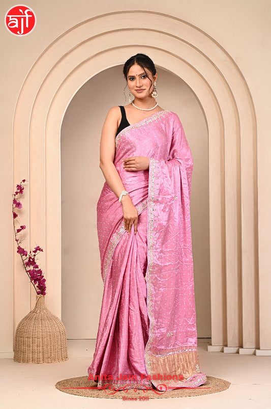 Baby Pink Modal Gajji Silk Saree with Bandhani Design and Gota Patti Work