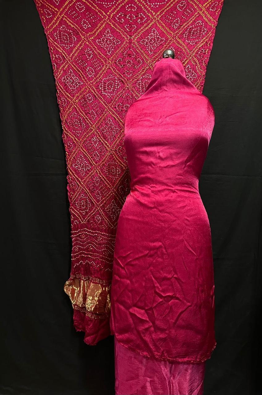 "Rani Pink Modaal Gajji Silk 3-piece suit set with hand Bandhani and Lagdi Patta dupatta – Anita Jain Fashions"