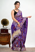 Royal Purple Saree with Floral Embroidery & Gold Borders