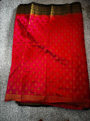 vRed Banarasi Silk Saree with Black-Gold Woven Border and Small Buti Work