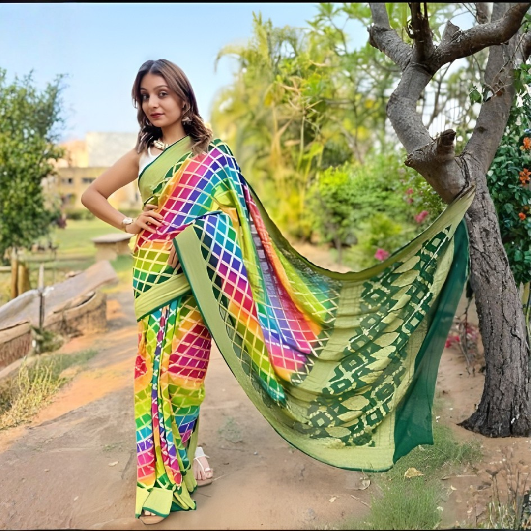 Khaddi Georgette Bandhani Neemzari Saree