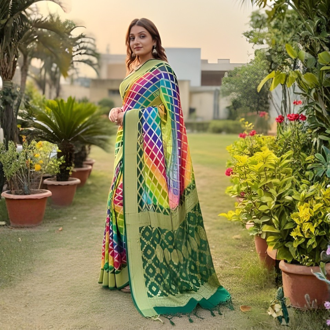 Khaddi Georgette Bandhani Neemzari Saree