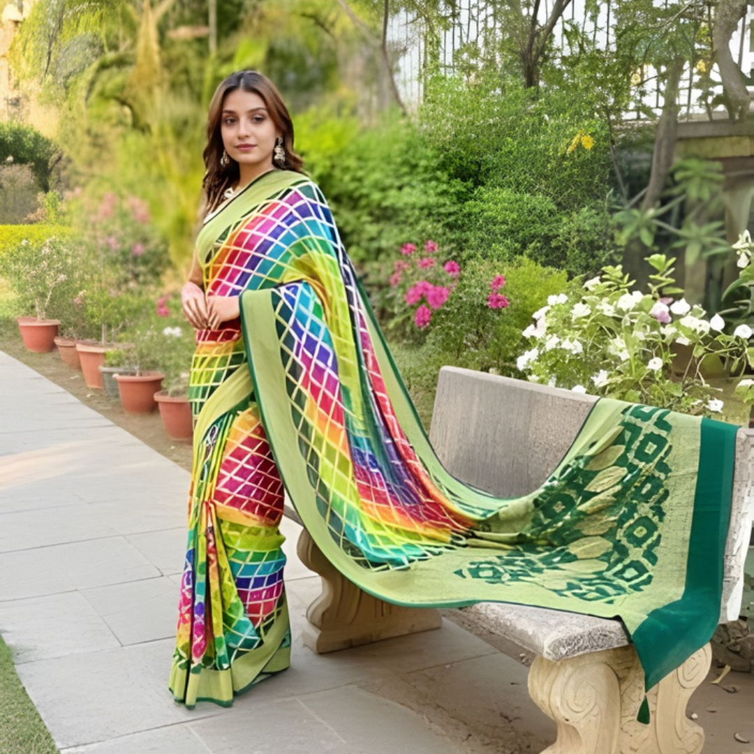 Khaddi Georgette Bandhani Neemzari Saree