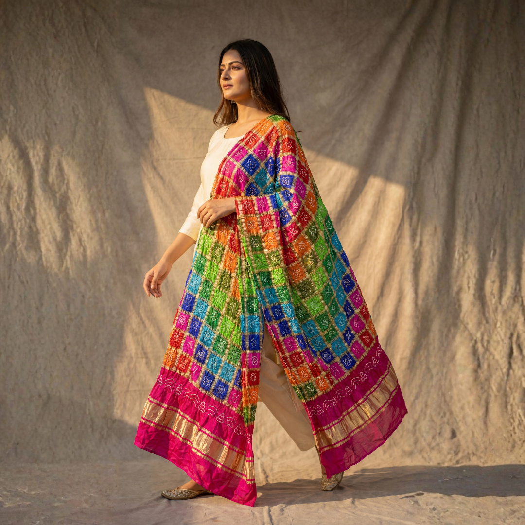 Pure Gaji Silk Bandhani Zari Festive Dupatta