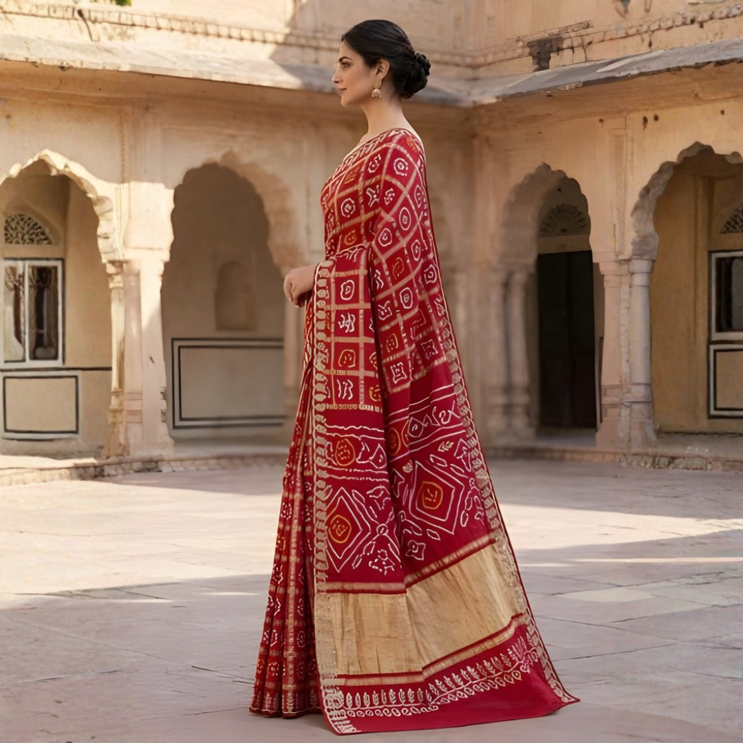 Gajji Silk Hand Bandhani Ghatchola Saree – Mangal Path Style