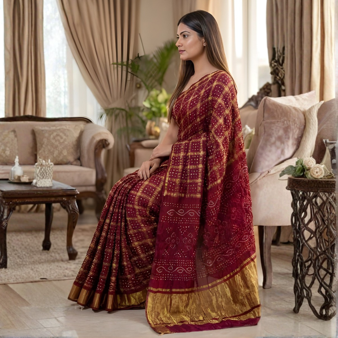 Wine Modal Gajji Hand Bandhej Ghatchola Saree