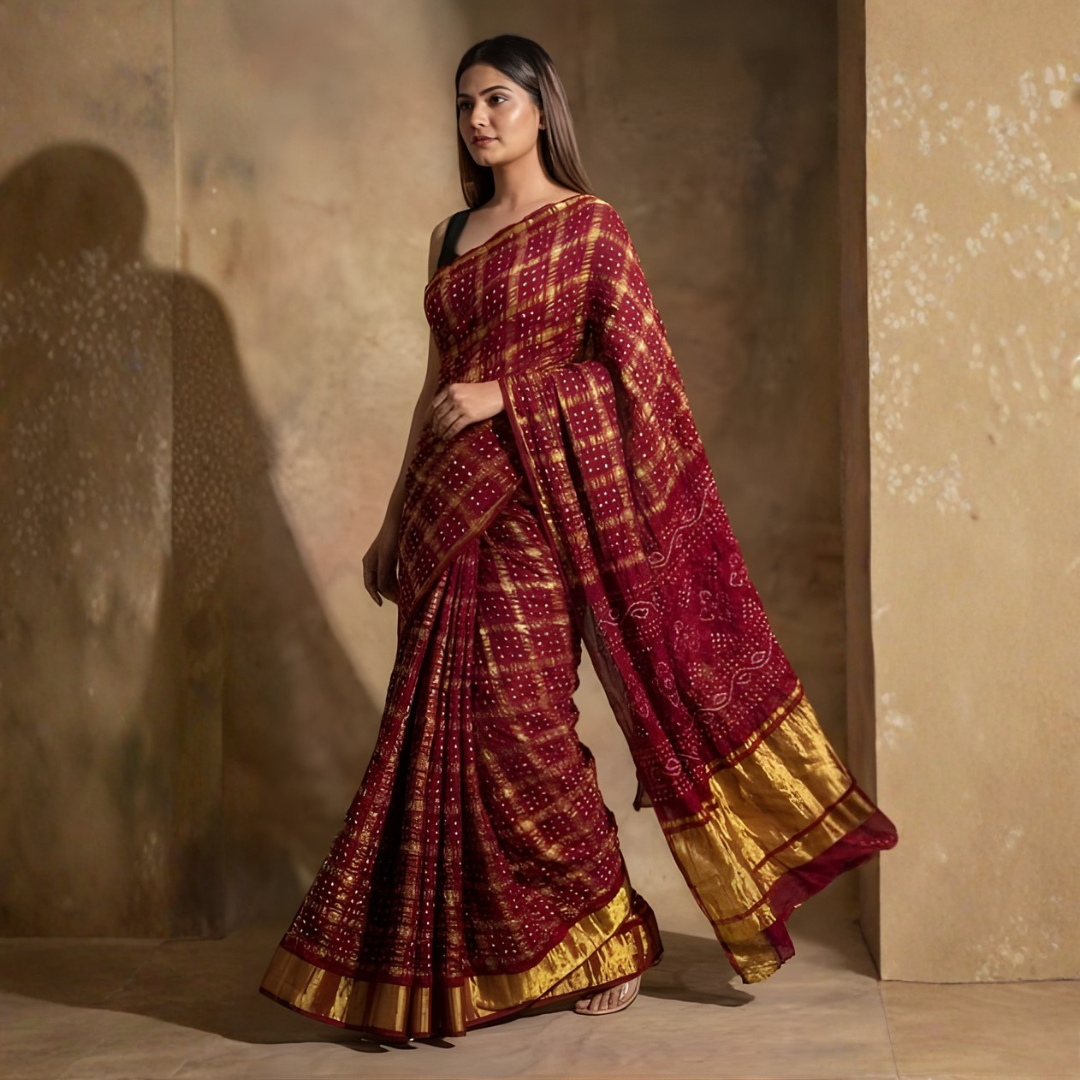 Wine Modal Gajji Hand Bandhej Ghatchola Saree