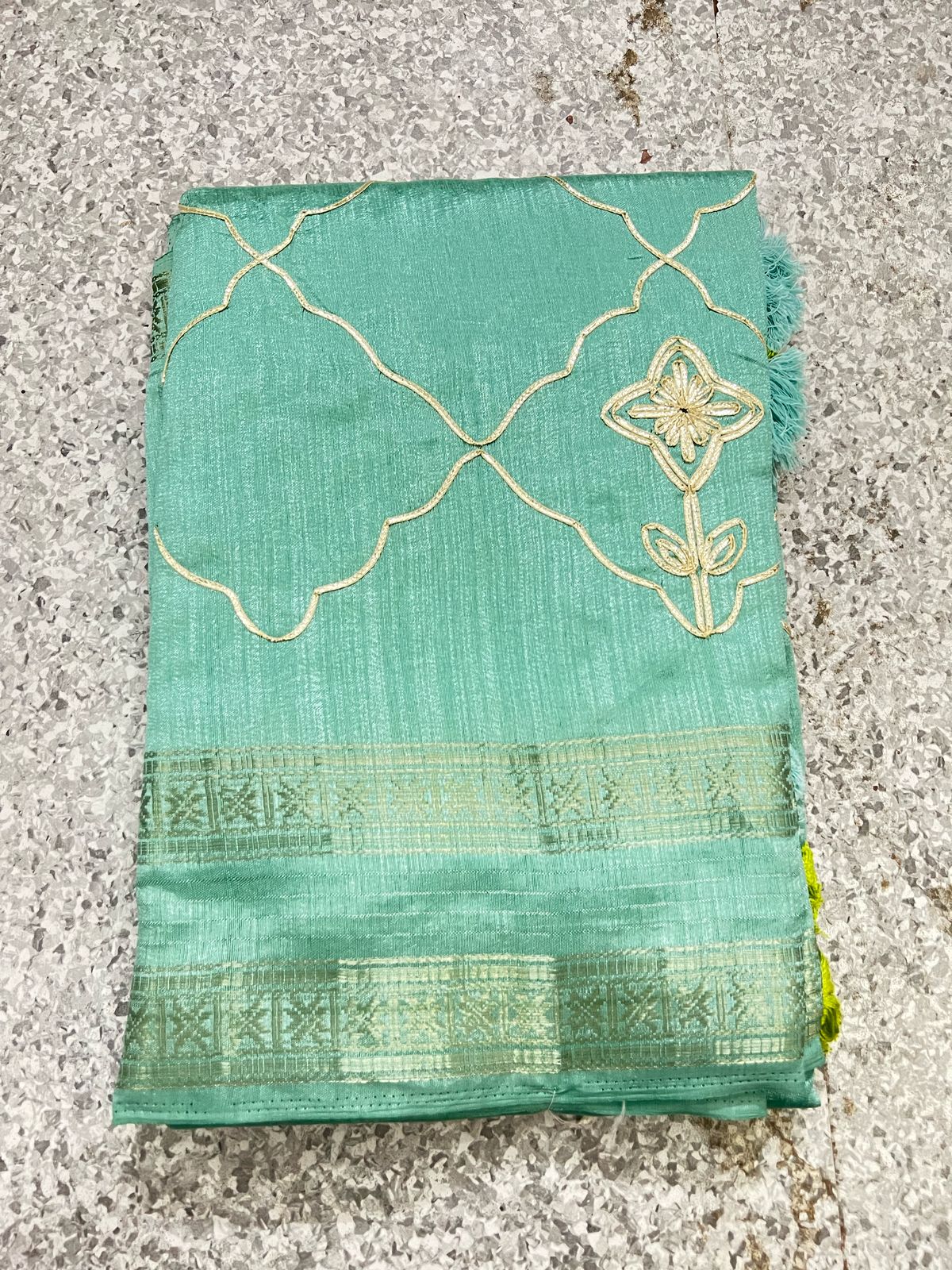 Aqua Green Fancy Cotton Saree with Golden Embroidery and Zari Border